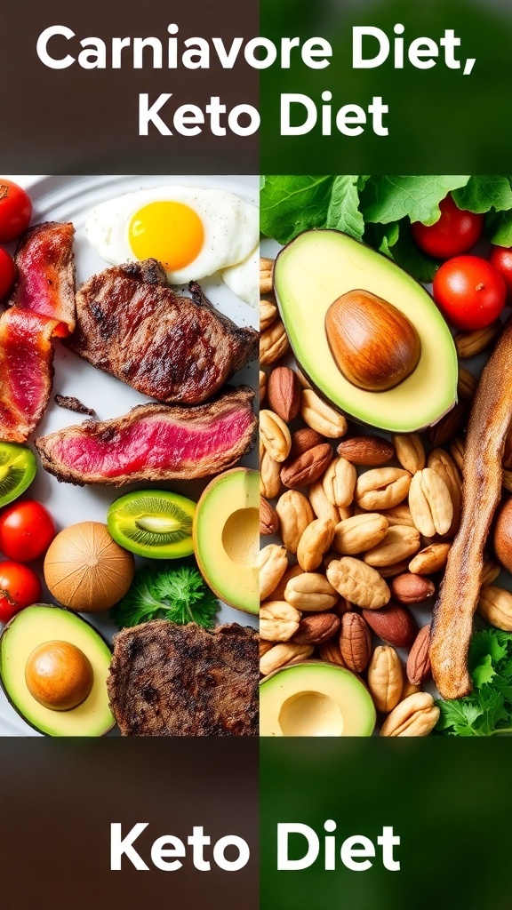 Carnivore Diet vs Keto Diet: A Comprehensive Comparison Visual comparison of Carnivore Diet with meat and eggs, and Keto Diet with avocados and greens.